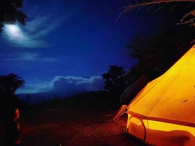Glamping tent at night in Pluma Hidalgo